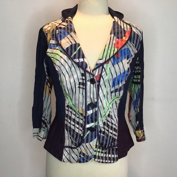 Alberto Makali pieced colorful designer button front fitted 3/4 sleeve Shacket M - Picture 1 of 8